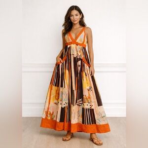 French Connection Vibrant Orange and Multicolor Boho Maxi Dress Sz 2